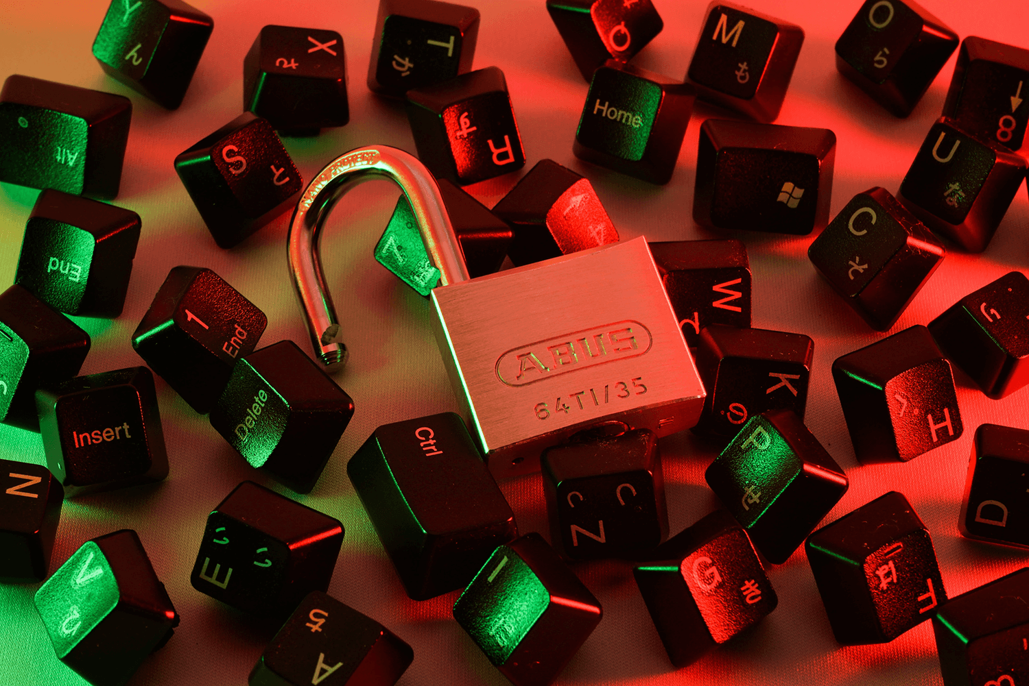 Padlock on top a bed of keyboard keys