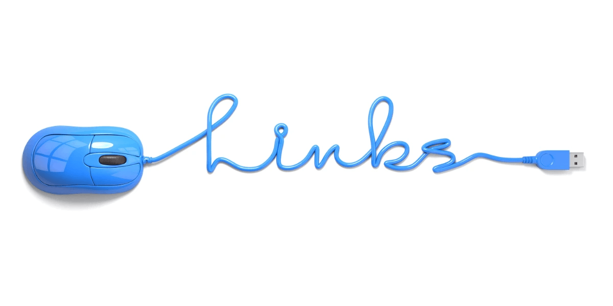 Blue mouse with the cord shaped to spell 'links'