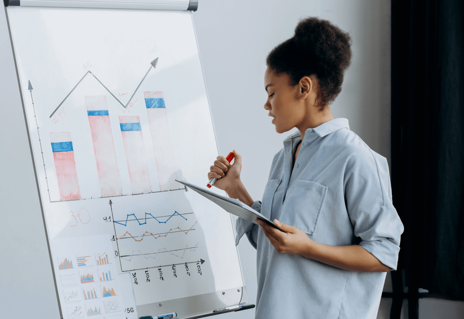 A person looking at a board with a graph showing key components of comprehensive SEO audits