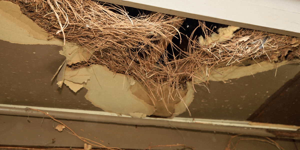 Roof rats build nests in ceilings, as shown in this image of a nest discovered when part of the ceiling was torn down