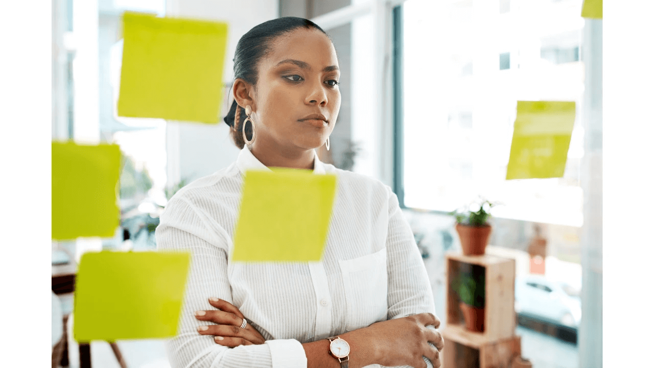 A woman looking at her notes