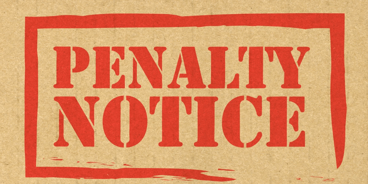 PENALTY NOTICE stamped in red ink on brown paper