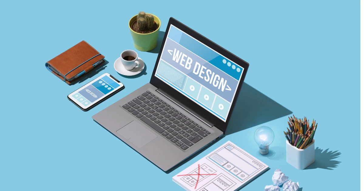 3D rendering of a laptop with the words Web Design on the screen