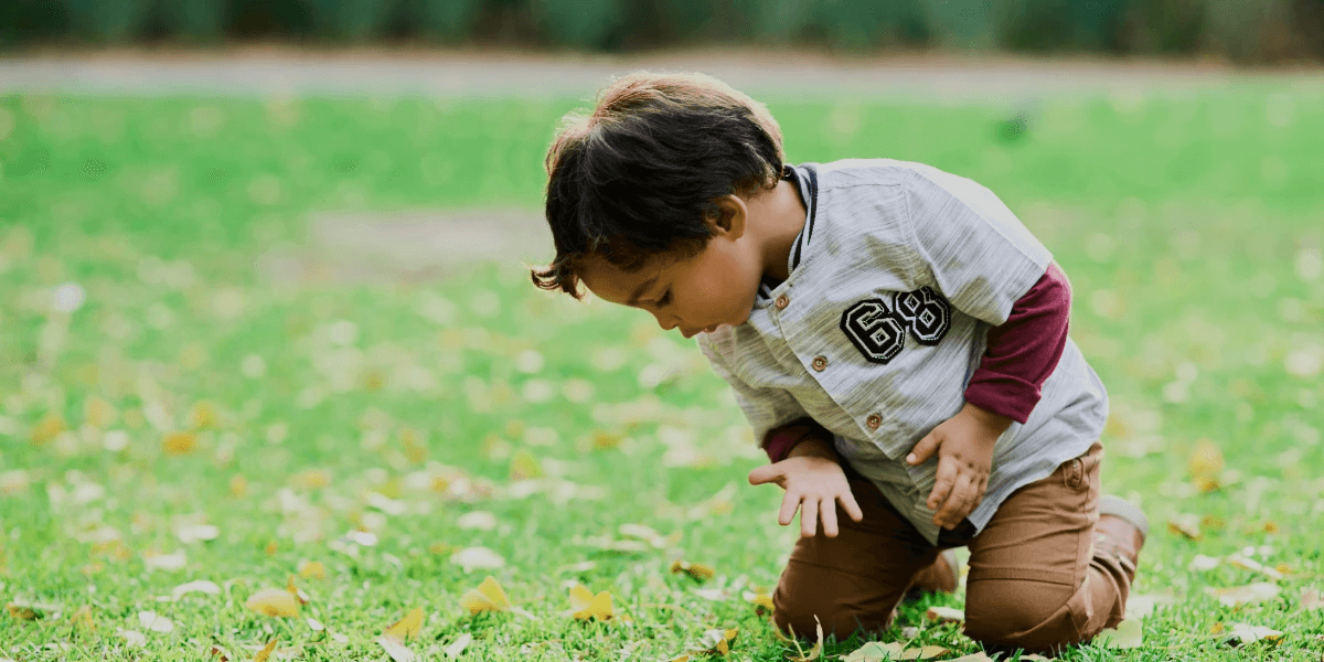 Young boy looking down at the grass at ant trails