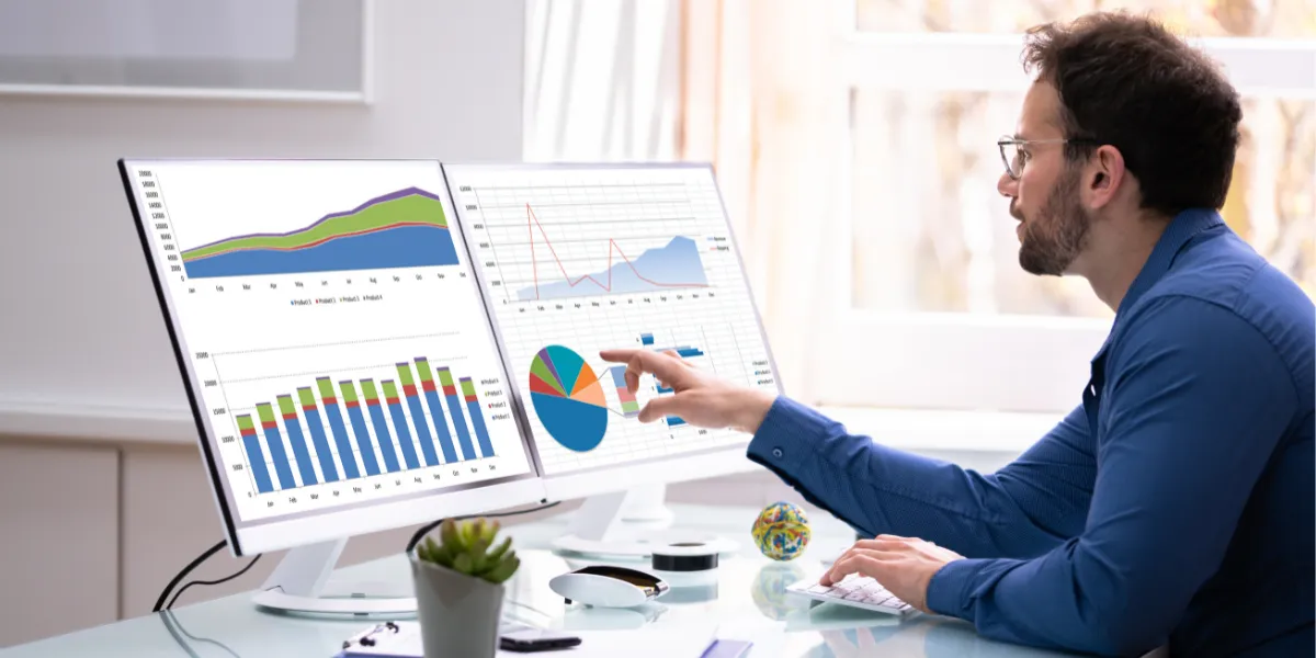 A person looking at a computer screen with graphs and charts showing the performance metrics of a national SEO campaign