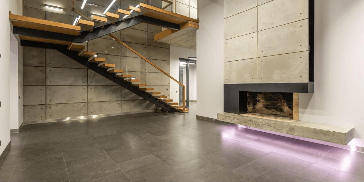 interior of a modern mansion that uses luxury vinyl flooring mimicking stone