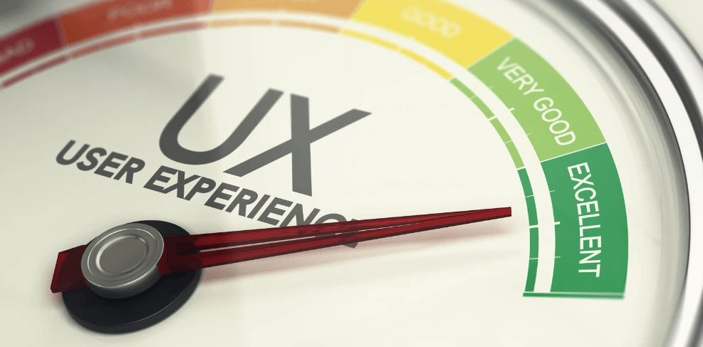 User experience gauge with needle pointing to excellent