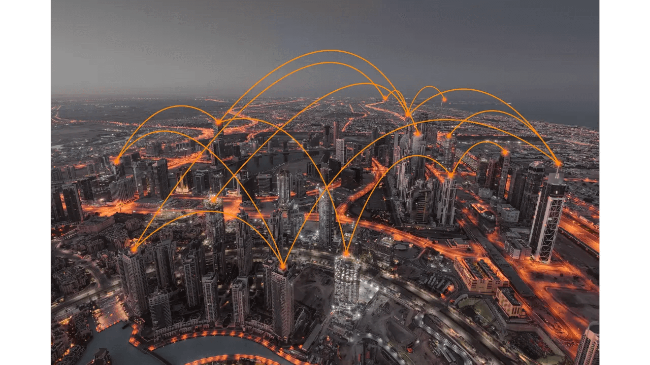 A bustling city intersection or highway with streams of traffic, symbolizing high web traffic