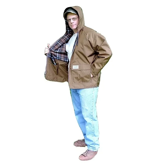 Brown nylon brair proof coat with hold has numerous pockets.