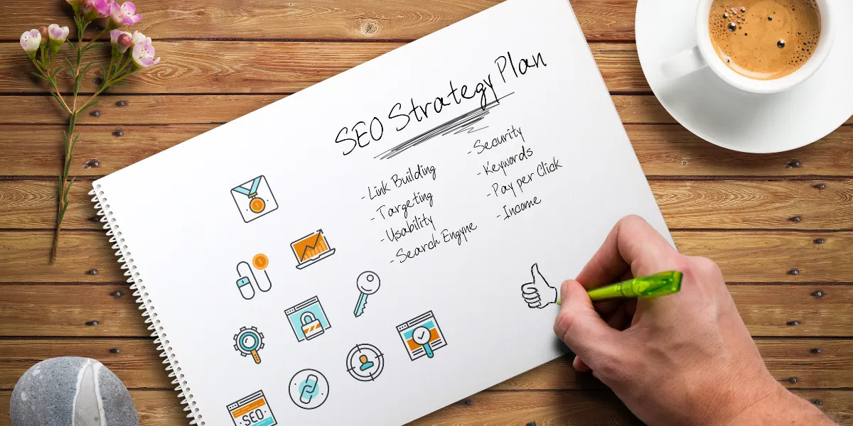 A national SEO strategy plan written on paper with keyword research and optimization