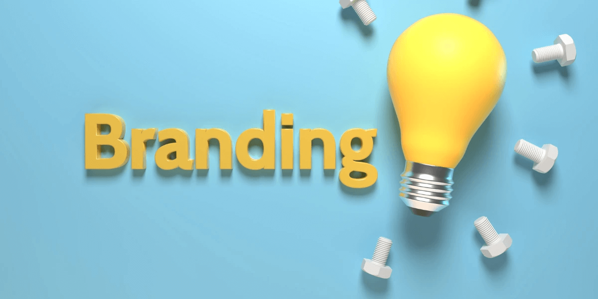A yellow lightbulb with the word Branding next to it on a blue background