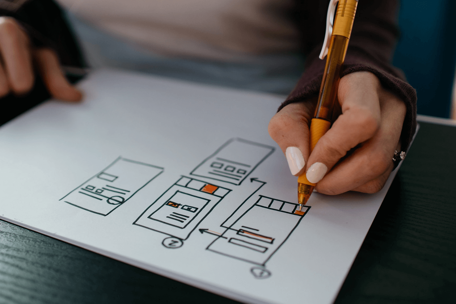 A person using a mobile device to interact with a mobile app wireframe