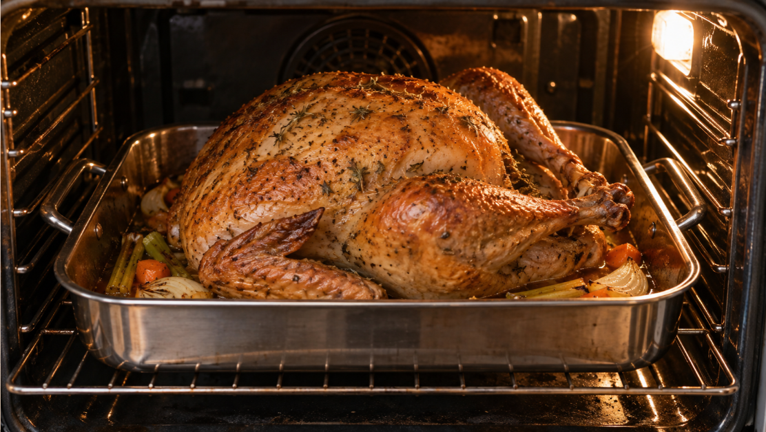 Golden roasted turkey with herbs, carrots, celery and onions in a roasting pan inside an oven.