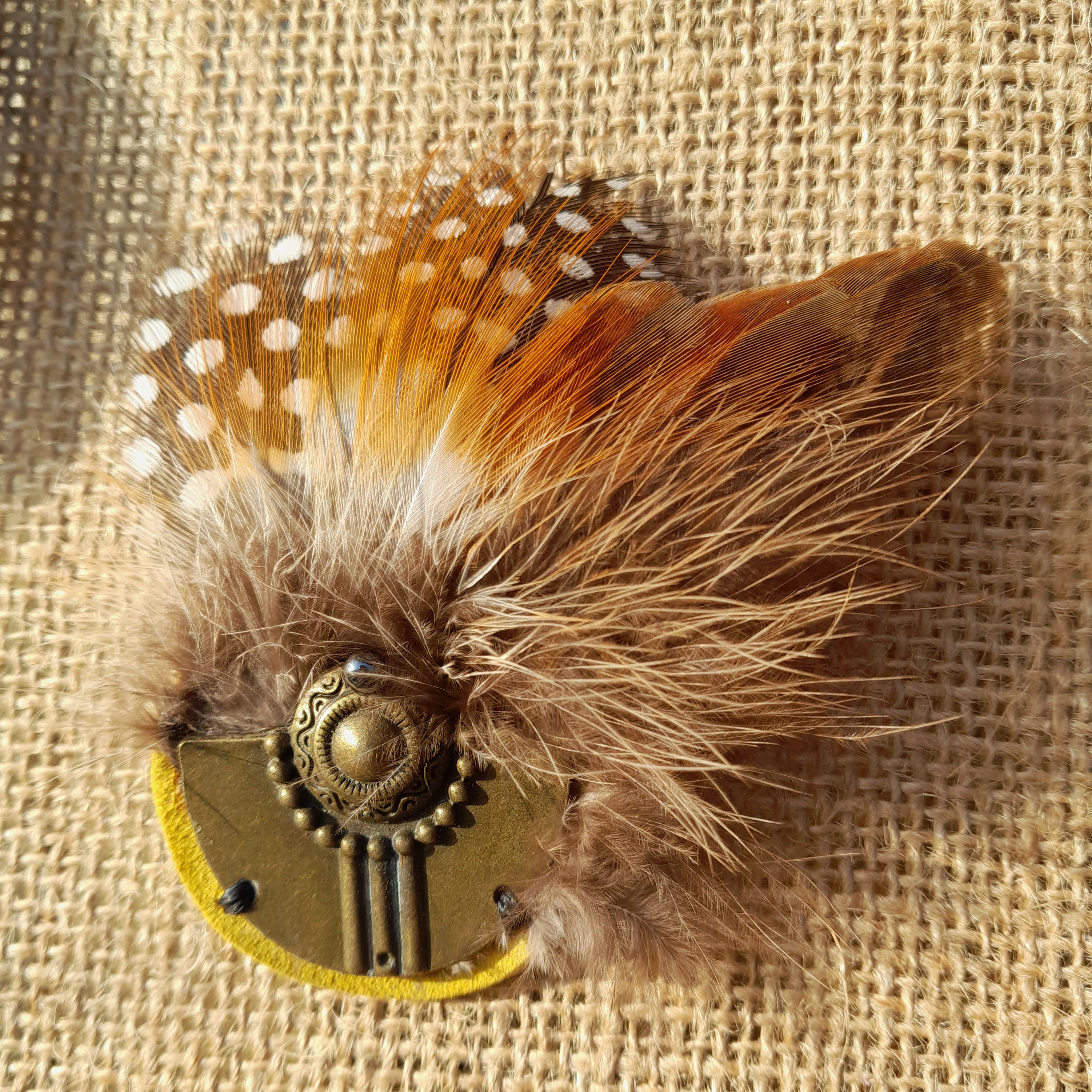 Broche cuir et plumes