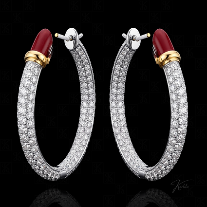 Karlito Le Rouge hoops, inside and out pave diamond creoles tipped with red lipstick bullets in gold