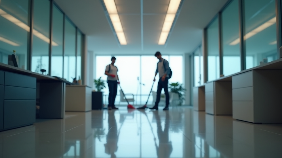 Vista a nivel de ojo de un equipo de limpieza trabajando en una oficina moderna