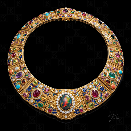 Karlito Duomo collar, hinged gold plaques of mosaic enamel and cabochons around a black opal in yellow gold