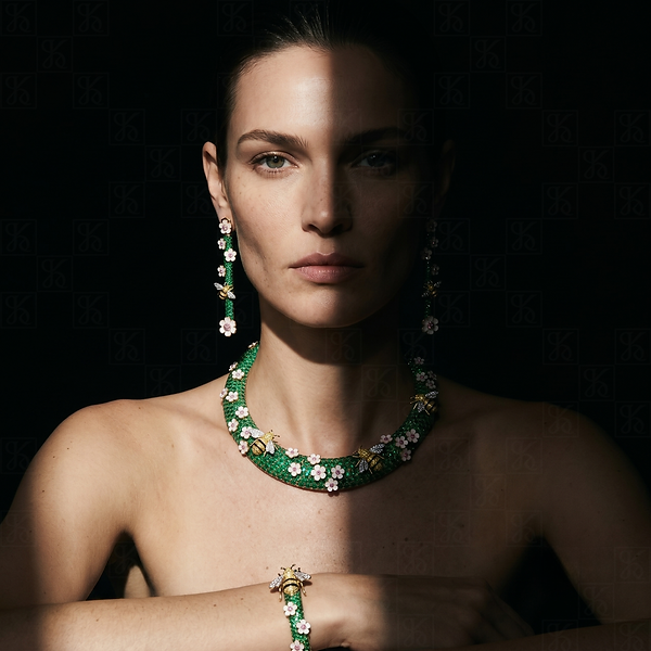 Karlito Le Jardin des Abeilles parure worn, an emerald paved collar, earrings and bracelet with diamond bees