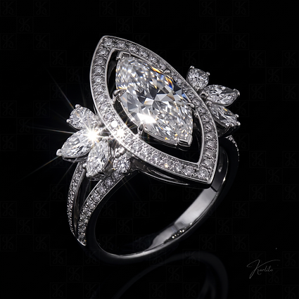 Karlito Offset ring, a marquise cut diamond in a floating double outline with marquise petals on a split pavé band