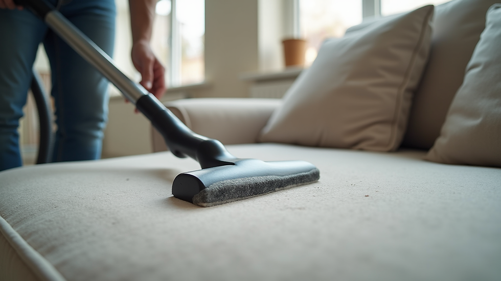Eye-level view of a sofa being vacuumed with a dry cleaning method