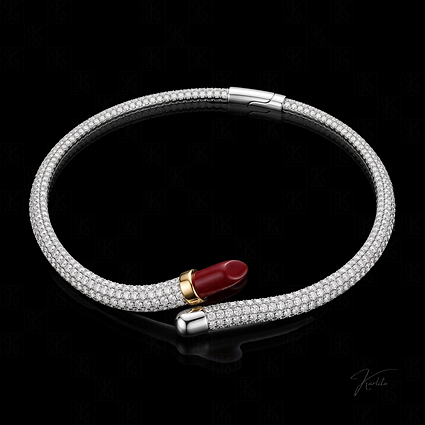 Karlito Le Rouge choker, a pave diamond tube with a red lipstick bullet in yellow gold at the throat