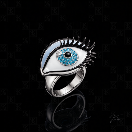 Karlito Pop Art eye ring, a white enamel eye with a blue pave iris, onyx pupil and blackened gold lashes