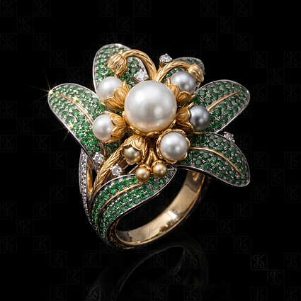 Karlito Le Muguet de Minuit ring, five tsavorite leaves opening around a cluster of pearls in yellow gold