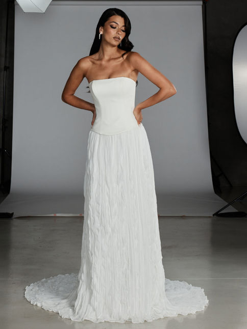bridal two piece with flowy chiffon skirt and structured corset