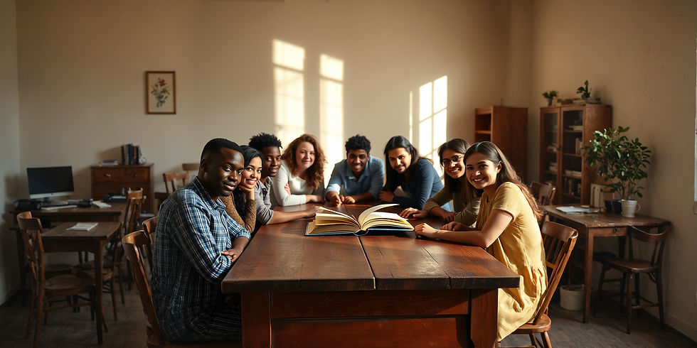A diverse group of people are seated around a large, antique wooden table in a sunlit classroom. They are intently focused on a book, their faces lit with curiosity and engagement, symbolising connection and education. The room is filled with soft natural light, casting warm shadows on the walls and creating a cosy atmosphere that promotes learning.