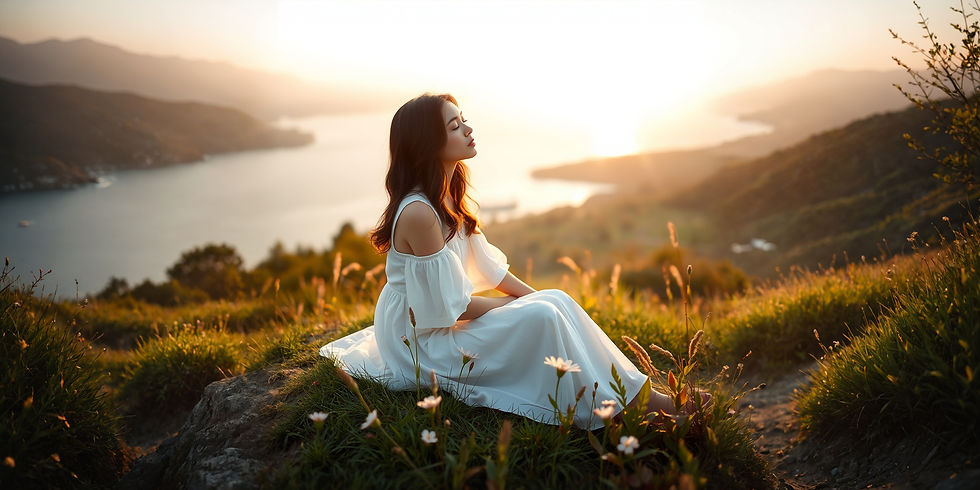 A young woman with dark brown hair, dressed in a flowing white dress, sits alone on a grassy knoll overlooking a serene lake. The soft, natural light of dawn bathes the scene in a gentle, golden glow, highlighting the delicate details of the flowers and foliage around her. Her eyes are closed, and her face wears a peaceful expression as she savours the tranquil moment, lost in contemplation.