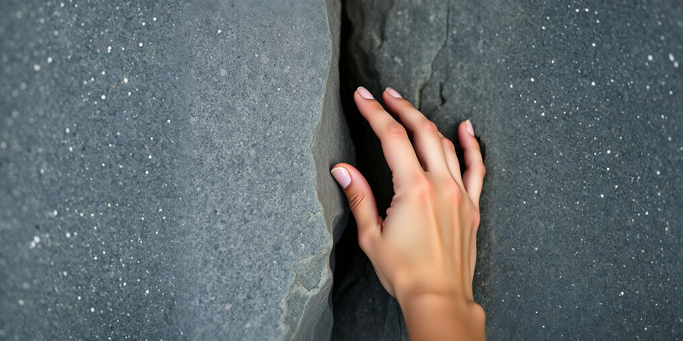 A close-up shot of a person's hand gently touching the surface of a smooth grey stone, symbolising grounding and sensory re connection.