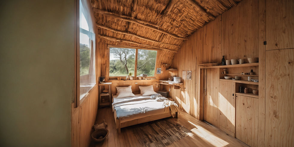 A cosy bedroom with wooden floors and walls, a bed with white linens, and a window overlooking a lush green forest.