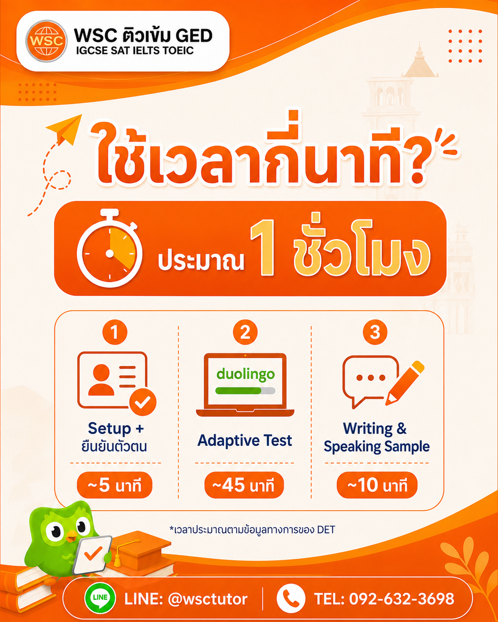 Duolingo English Test ใช้เวลาประมาณ 1 ชั่วโมง แบ่งเป็น Setup Adaptive Test และ Writing Speaking Sample