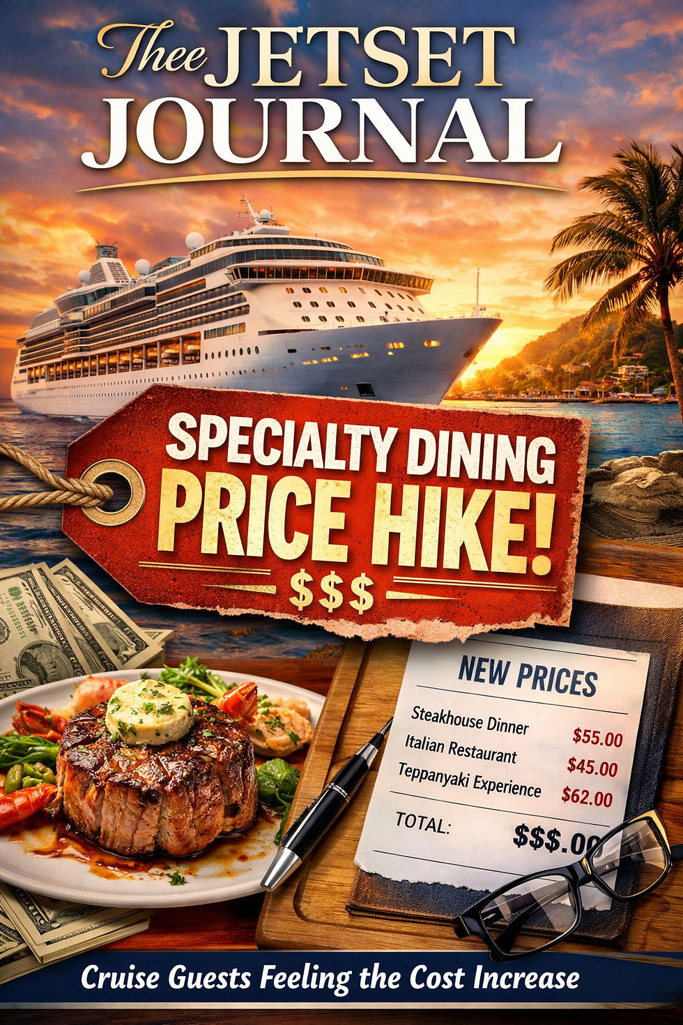 Magazine-style cover for Thee Jetset Journal featuring a large white cruise ship at sunset in a tropical port. A bold red price tag graphic reads “Specialty Dining Price Hike!” in large letters. In the foreground, a plated steak dinner sits beside U.S. dollar bills and an itemized receipt showing higher restaurant prices. The overall design uses warm sunset tones and luxury travel imagery to highlight rising cruise specialty dining costs.