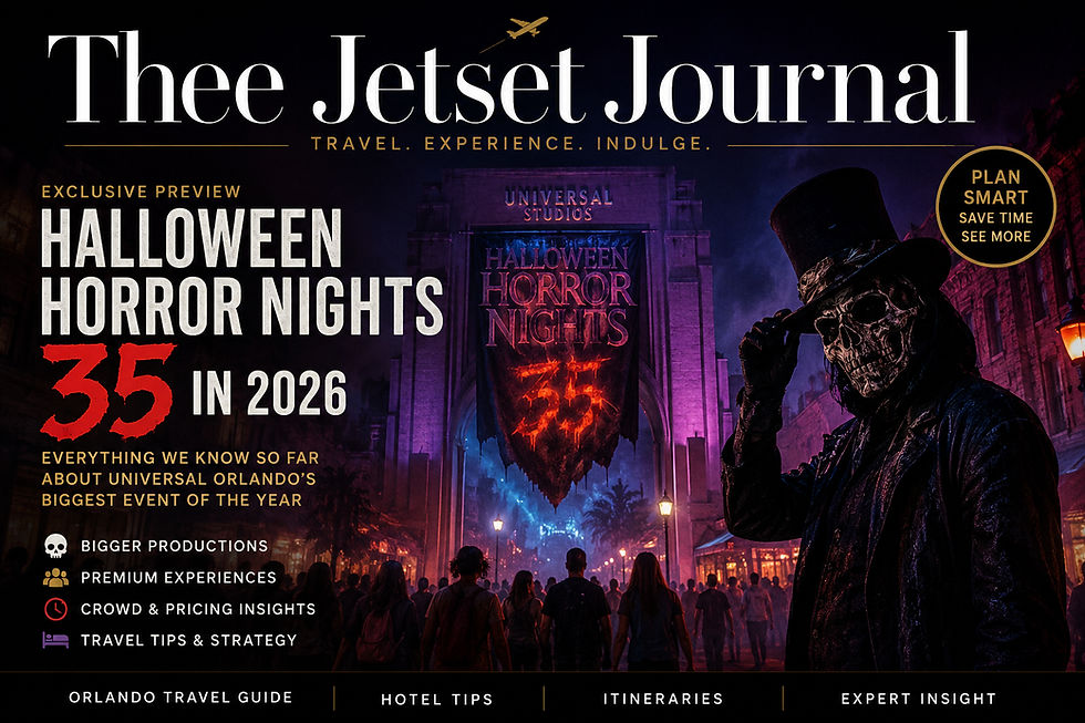A spooky-themed magazine cover for Thee Jetset Journal shows the entrance to Universal Studios at night, lit in purple and orange for Halloween Horror Nights 35. A costumed performer in a skull mask and tall black hat stands in the foreground, while crowds walk toward the glowing event banner in the background. Cover headlines promote an exclusive preview, bigger productions, premium experiences, crowd and pricing insights, and travel strategy tips for the 2026 event.