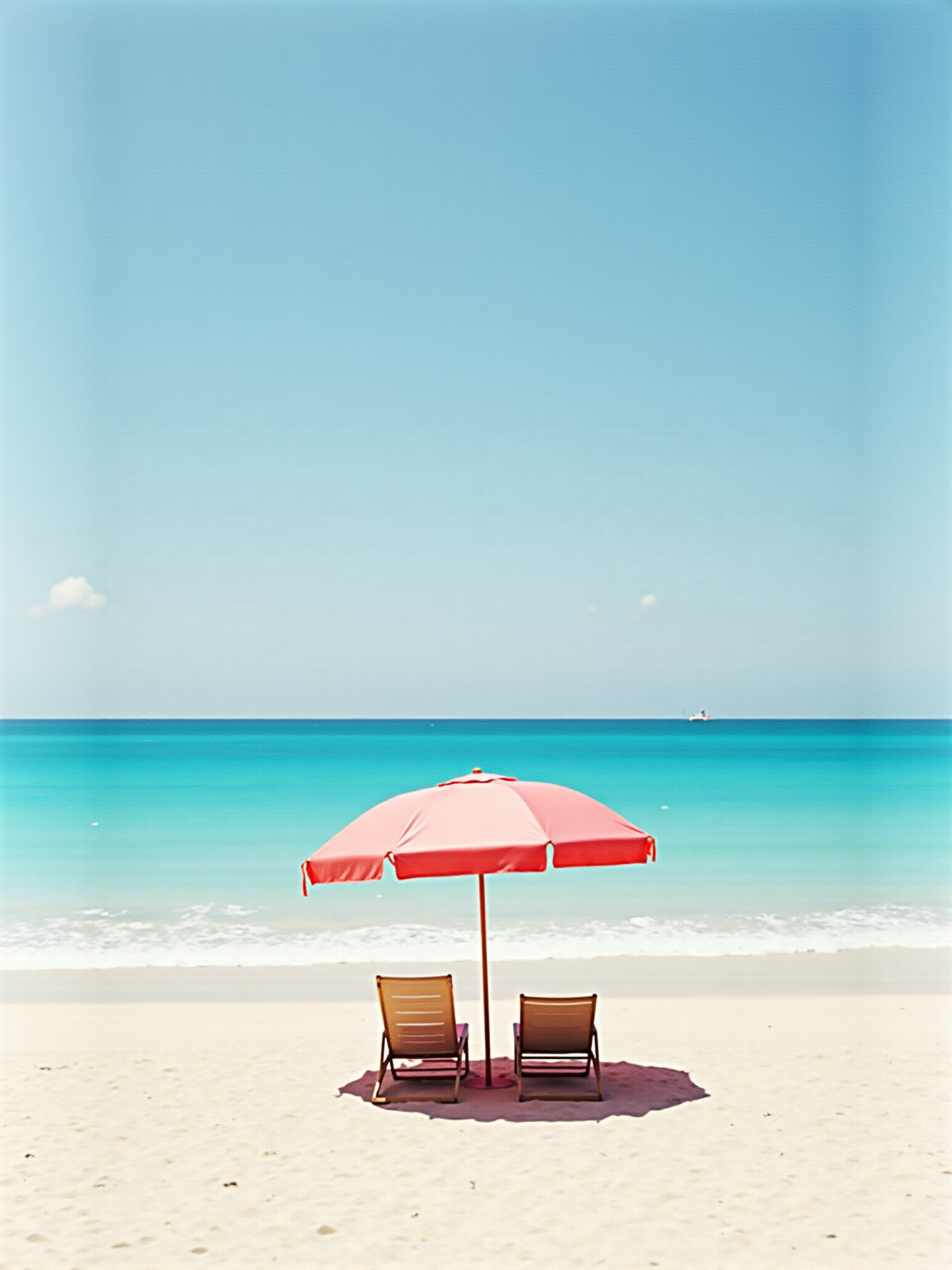 Two beach chairs under a beach umbrella on top of white sand beach facing a clear blue ocean