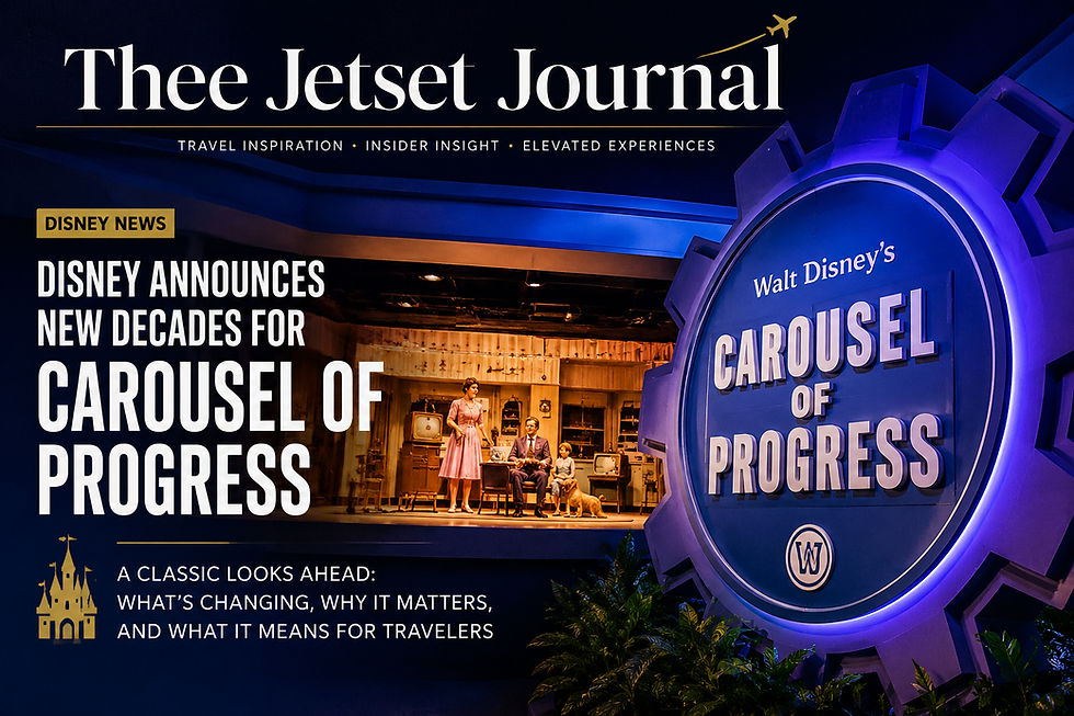 Magazine-style cover image for Thee Jetset Journal featuring Disney’s Carousel of Progress at Magic Kingdom. The design includes a glowing retro-futuristic Carousel of Progress sign in Tomorrowland at night, warm vintage family scenes from the attraction, and bold headline text reading “Disney Announces New Decades for Carousel of Progress.” The cover uses deep blue and gold tones with a luxury travel editorial aesthetic.