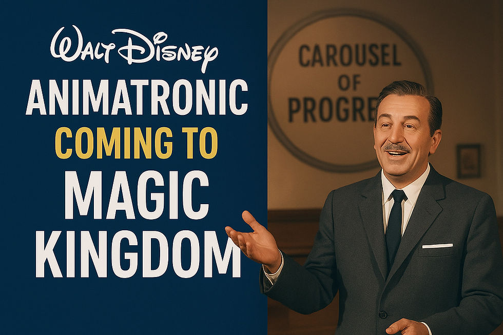 Promotional graphic featuring a smiling animatronic of Walt Disney in a suit standing in front of a “Carousel of Progress” sign, with bold text reading “Walt Disney Animatronic Coming to Magic Kingdom” on a blue background.