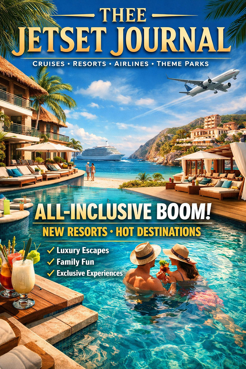 Jetset Journal–style cover image for Thee Jetset Journal featuring a luxury all-inclusive beach resort with an infinity pool, tropical cocktails, a couple relaxing in the water, a cruise ship offshore, and an airplane overhead, with the headline “All-Inclusive Boom! New Resorts • Hot Destinations.” 🌴✈️🚢