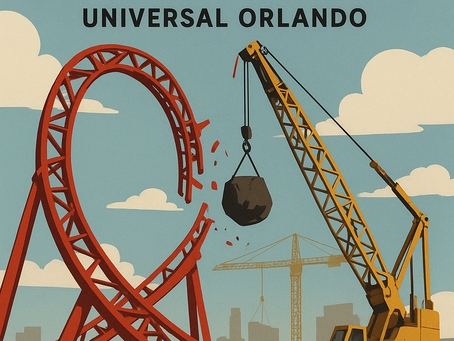 Illustration of the Hollywood Rip Ride Rockit roller coaster at Universal Orlando being demolished. A yellow crane with a wrecking ball strikes the red track loop under a blue sky with clouds, while construction cranes and a city skyline appear in the background. Large text above reads: “Goodbye Hollywood Rip Ride Rockit – Universal Orlando.”