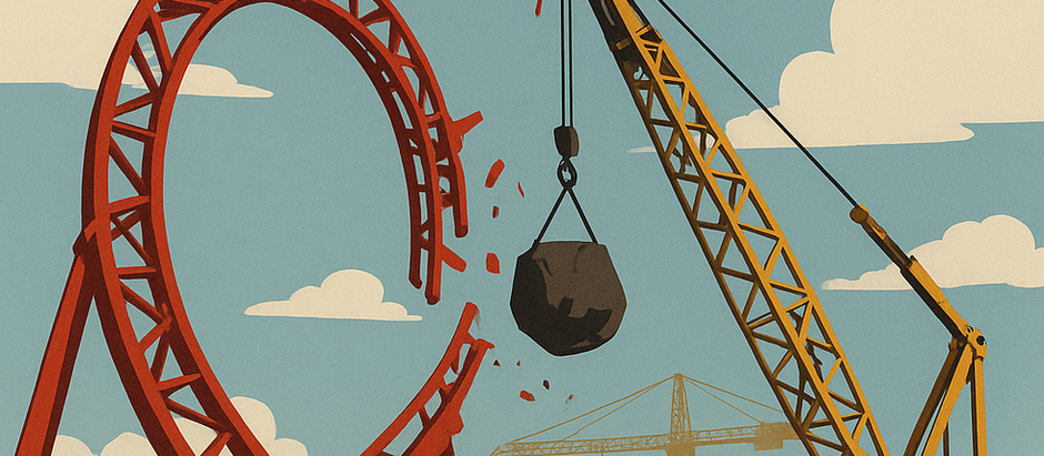 Illustration of the Hollywood Rip Ride Rockit roller coaster at Universal Orlando being demolished. A yellow crane with a wrecking ball strikes the red track loop under a blue sky with clouds, while construction cranes and a city skyline appear in the background. Large text above reads: “Goodbye Hollywood Rip Ride Rockit – Universal Orlando.”