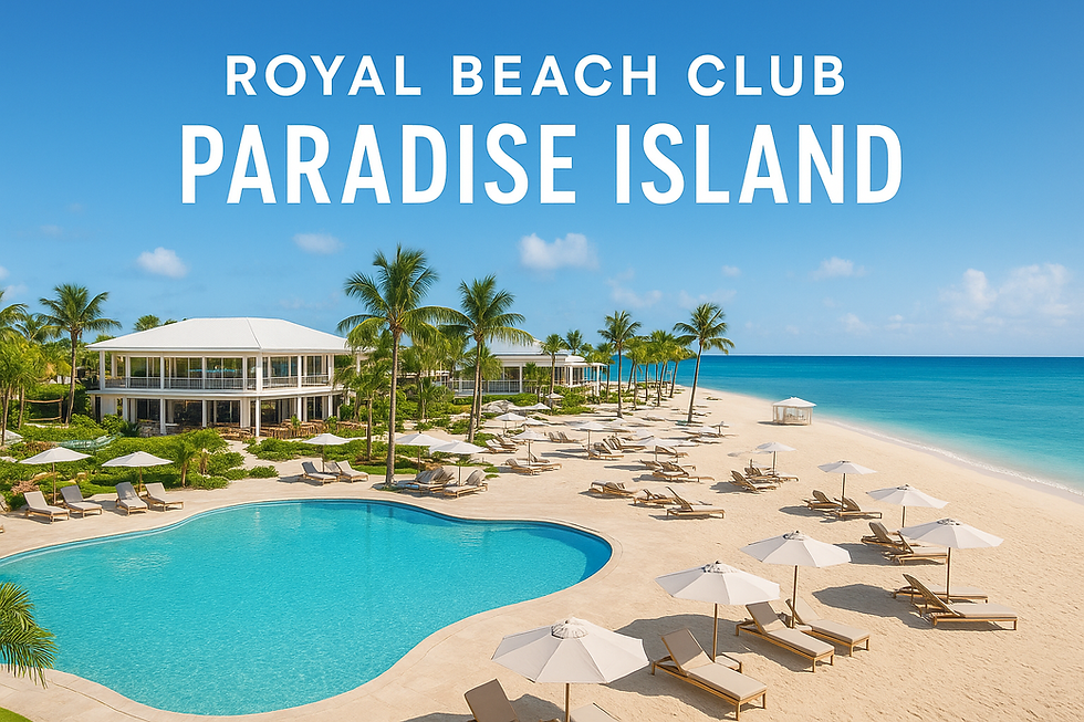 Royal Beach Club Paradise Island in Nassau featuring a turquoise pool, white-sand beach, palm trees, lounge chairs, and ocean views under a bright blue sky.