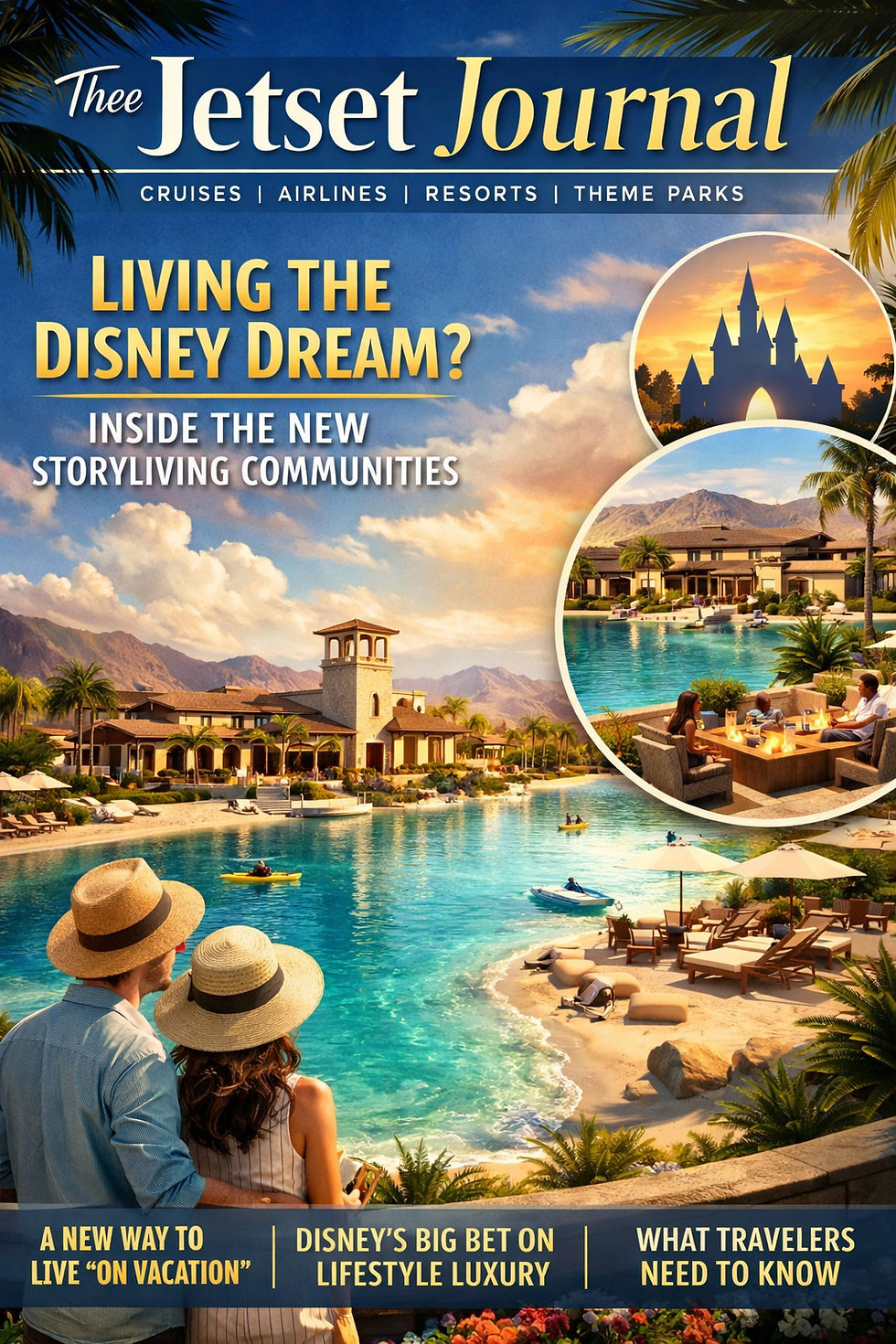 A magazine-style digital cover for “Thee Jetset Journal” featuring a luxury resort-like waterfront community inspired by Disney’s Storyliving concept. The scene shows a sunlit lagoon with upscale Mediterranean-style homes, palm trees, and people relaxing by the water, creating a polished vacation-lifestyle aesthetic. Inset circular images highlight a castle silhouette at sunset and a modern resort residence by a pool. Bold headlines frame the cover, including “Living the Disney Dream?” and “Inside the New Storyliving Communities,” alongside taglines about lifestyle luxury and travel insights. The overall tone is aspirational, warm, and travel-focused, evoking curated resort living and modern branded residential experiences.