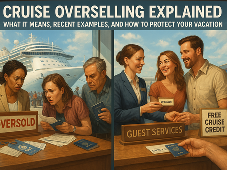 Illustration of a polished cruise-ship terminal split into two scenes: on the left, anxious travelers hold passports and boarding passes while a stern agent at a desk labeled “Oversold” reviews documents; on the right, a smiling couple accepts an upgrade at a “Guest Services” counter beneath a “Free Cruise Credit” sign. In the sunny background, a majestic cruise ship gleams as luggage-laden passengers file up the gangway. Scattered cruise tags, passports, and boarding passes add nautical detail. A translucent banner across the top reads “Cruise Overselling Explained: What It Means, Recent Examples, and How to Protect Your Vacation.”