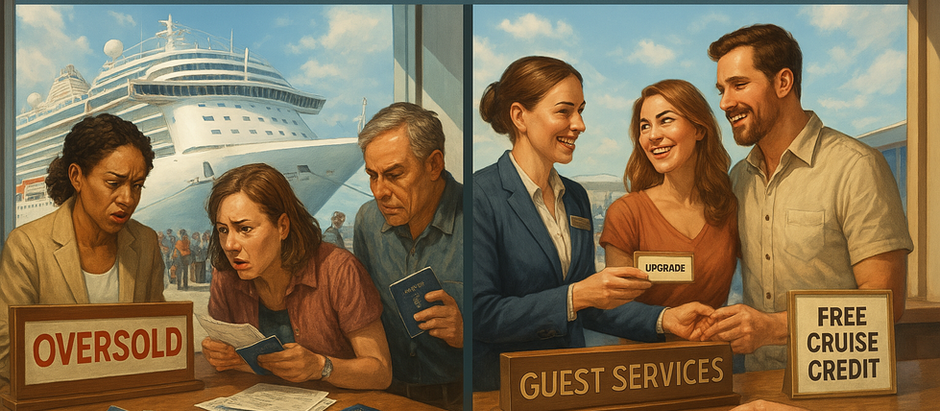 Illustration of a polished cruise-ship terminal split into two scenes: on the left, anxious travelers hold passports and boarding passes while a stern agent at a desk labeled “Oversold” reviews documents; on the right, a smiling couple accepts an upgrade at a “Guest Services” counter beneath a “Free Cruise Credit” sign. In the sunny background, a majestic cruise ship gleams as luggage-laden passengers file up the gangway. Scattered cruise tags, passports, and boarding passes add nautical detail. A translucent banner across the top reads “Cruise Overselling Explained: What It Means, Recent Examples, and How to Protect Your Vacation.”