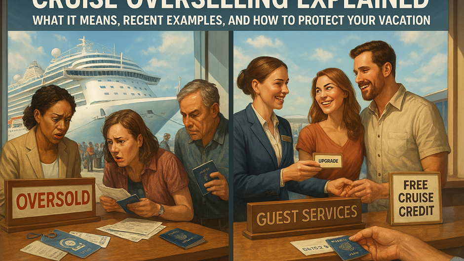 Illustration of a polished cruise-ship terminal split into two scenes: on the left, anxious travelers hold passports and boarding passes while a stern agent at a desk labeled “Oversold” reviews documents; on the right, a smiling couple accepts an upgrade at a “Guest Services” counter beneath a “Free Cruise Credit” sign. In the sunny background, a majestic cruise ship gleams as luggage-laden passengers file up the gangway. Scattered cruise tags, passports, and boarding passes add nautical detail. A translucent banner across the top reads “Cruise Overselling Explained: What It Means, Recent Examples, and How to Protect Your Vacation.”
