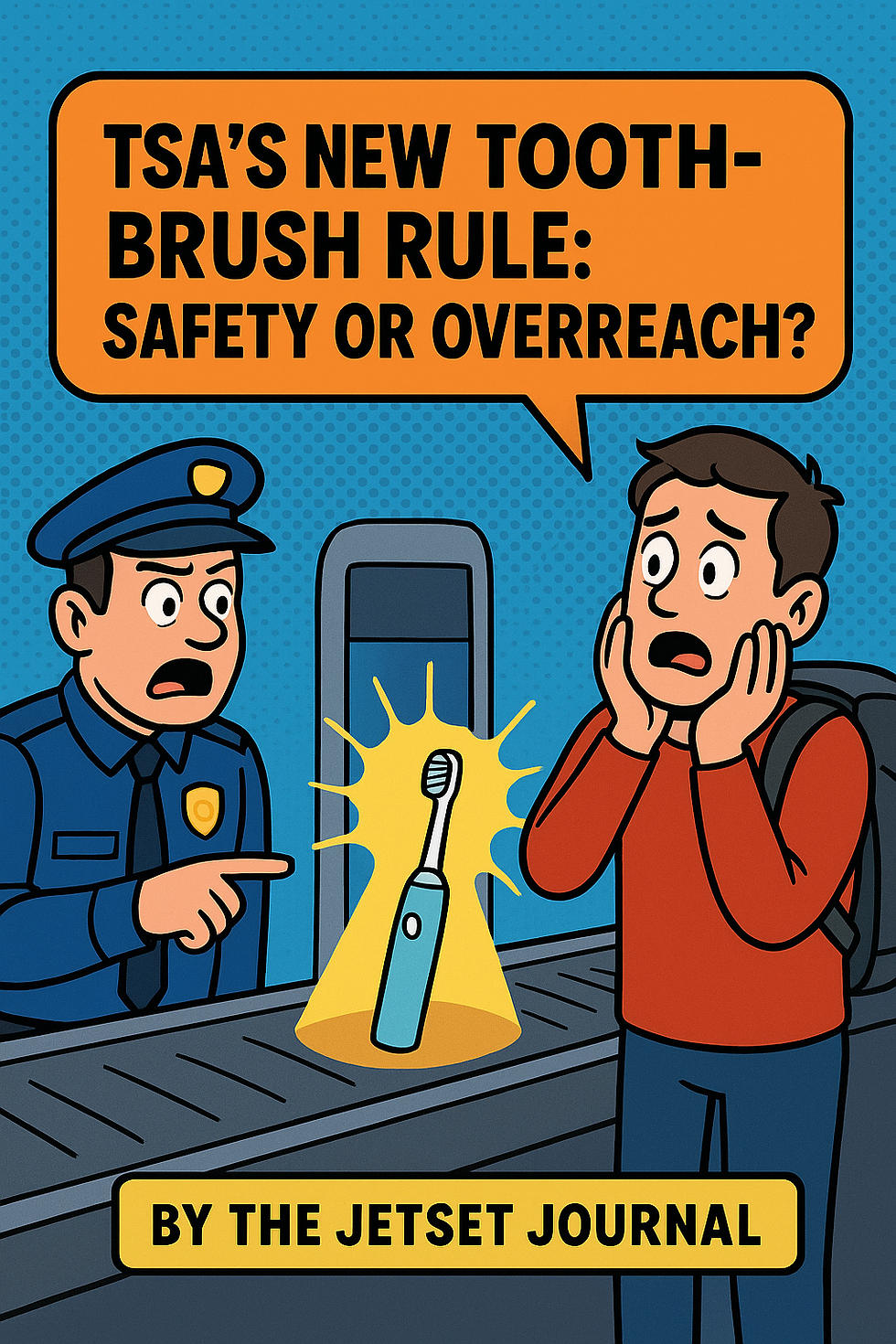 Cartoon-style illustration of a TSA officer pointing at an electric toothbrush glowing on an airport security conveyor belt, while a nervous traveler with a backpack holds his face in shock. A speech bubble above reads, “TSA’s New Toothbrush Rule: Safety or Overreach?” with a yellow banner below stating “By The Jetset Journal.”