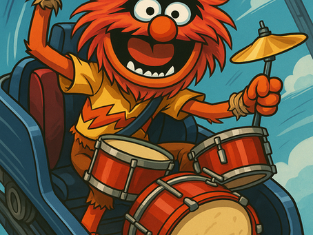 Monster from Muppets playing the drums while riding a ride similar to Rock ‘n’ Roller Coaster