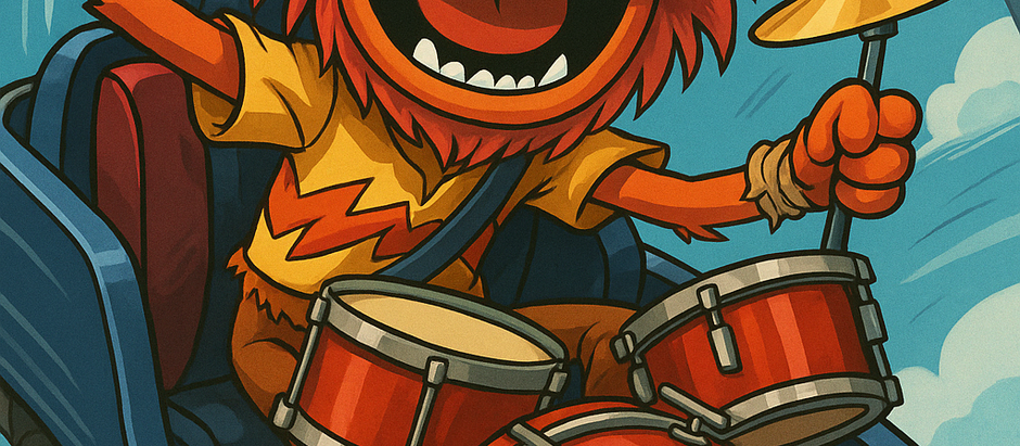 Monster from Muppets playing the drums while riding a ride similar to Rock ‘n’ Roller Coaster