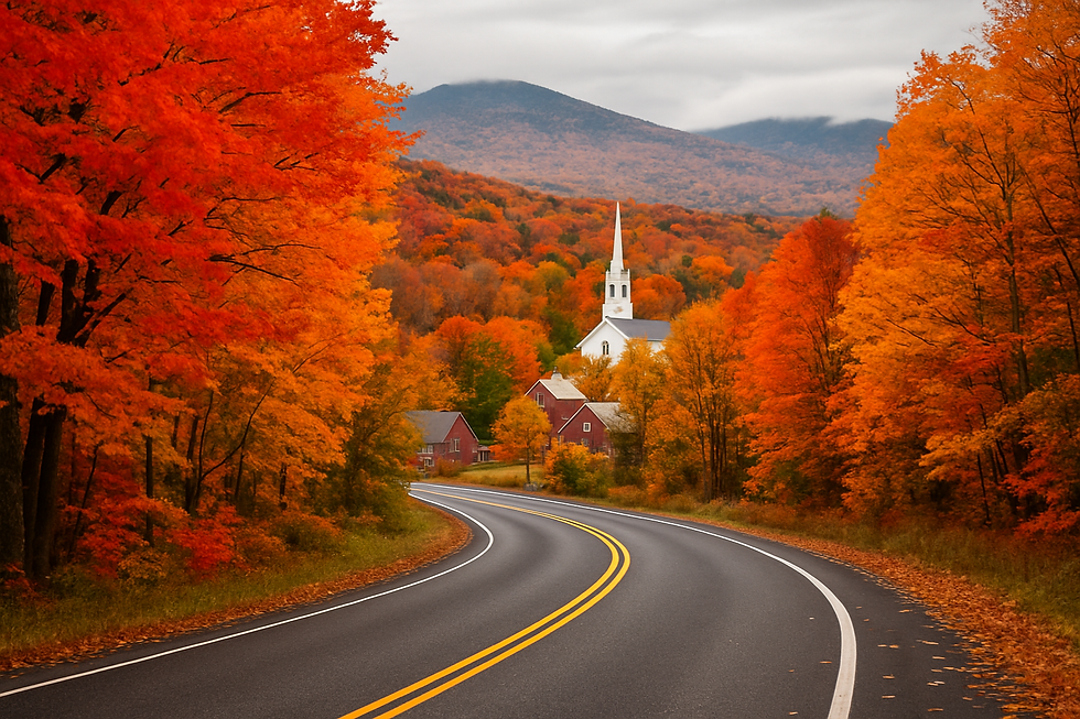 A winding two-lane road curves through a forest of brilliant red, orange, and yellow autumn leaves, leading toward a small New England town with red barns and a white church steeple nestled against rolling hills and misty mountains.